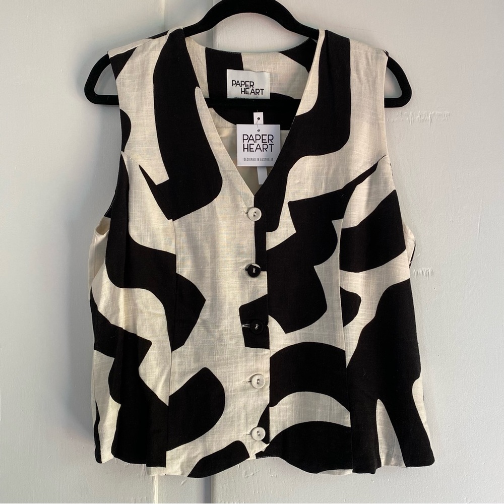 Paper Heart Black & White Sleeveless Button-Front Vest Covered Buttons Linen XL
